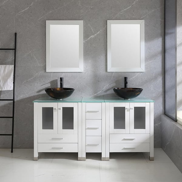 60 in. W x 21.5 in. D x 61 in. H Double Sinks Bath Vanity in White with Glass Top and Mirror