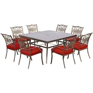 Traditions 9-Piece Aluminum Outdoor Dining Set with Square Glass-Top Table and Red Cushions