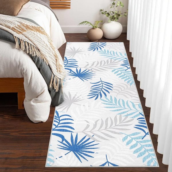 Modern Botanical Printed Rug with Non-slip Backing Short Pile Foldable Rug Washable Living Room Rug Blue 2X6ft