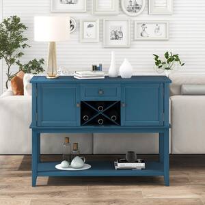 Navy Blue Kitchen Wooden Storage Table with Wine Rack Dining Room Storage Sideboard with Open Shelf