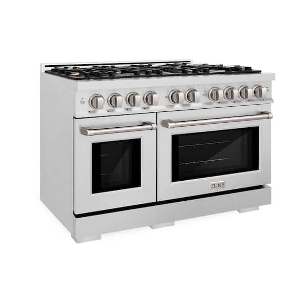 48 in. 6.7 cu. ft. Select Double Oven Gas Range in Satin Stainless Steel with 8 Brass Burners