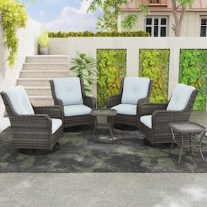 6-Piece Wicker Patio Conversation Set Swivel Rocking Chairs with Light Blue Cushions