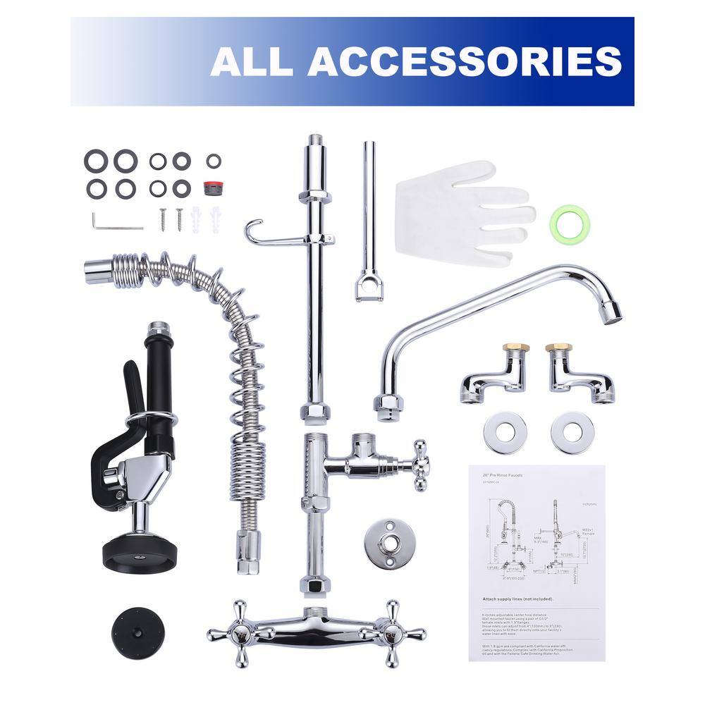 26-Inch Chrome Wall Mount Commercial Kitchen Faucet with Pull-Down Spray