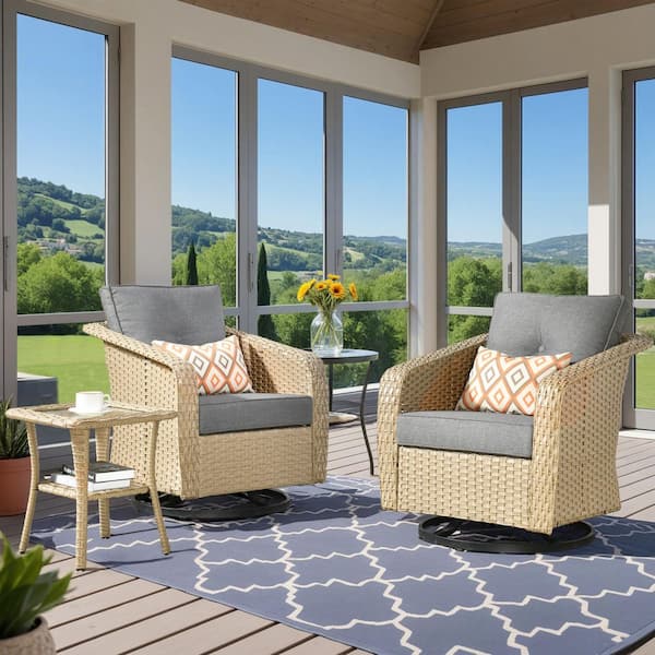 Sunny Hot Sale 3-Piece Wicker PE Rattan Outdoor Patio Swivel Rocker Set with Dark Gray Cushions and Side Table