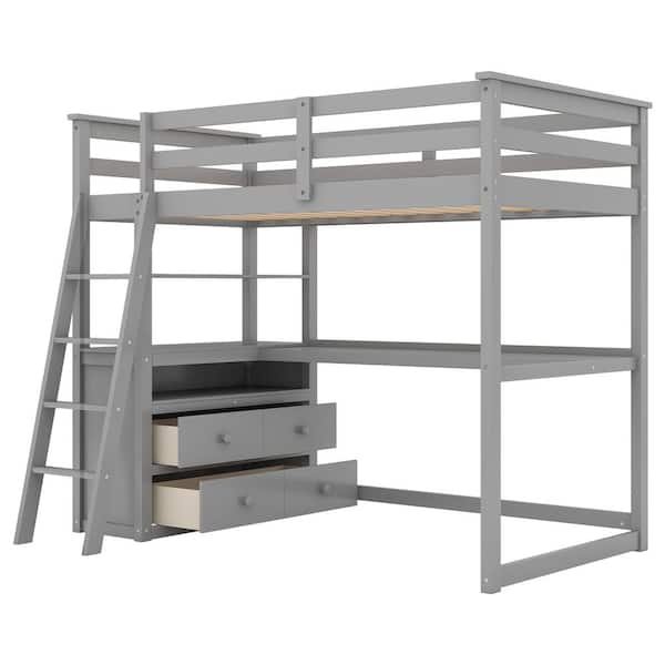 Urtr Gray Twin Size Loft Bed With Desk Shelves And 2 Built In Drawers Solid Wood Bed Frame For Teens T E The Home Depot