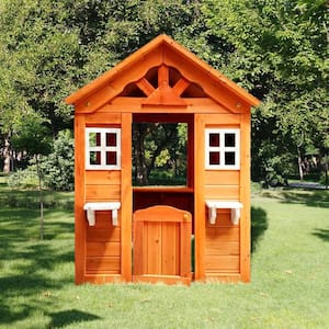 42 in. L x 46 in. W x 55 in. H Wooden Playhouse Children Game House 2-Windows Flowerpot Kids Gift Outdoor in Golden Red