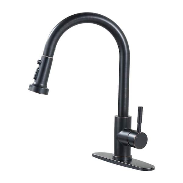 VEVETTA Oil Rubbed Bronze 15 in. H Single Handle Pull Down Sprayer Kitchen Faucet with 360° Spout Swivel and 3-Spray Mode