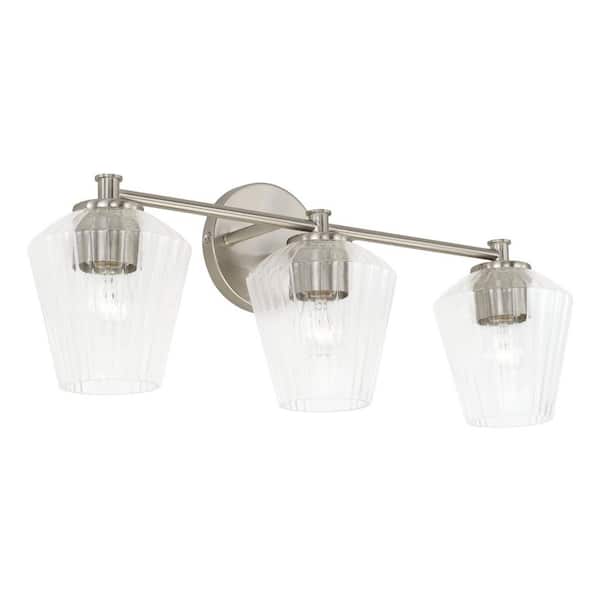 Unbranded Beau 24 in. W x 9.5 in. H x 7 in. E 3-Light Brushed Nickel Vanity Light with Clear Fluted Glass