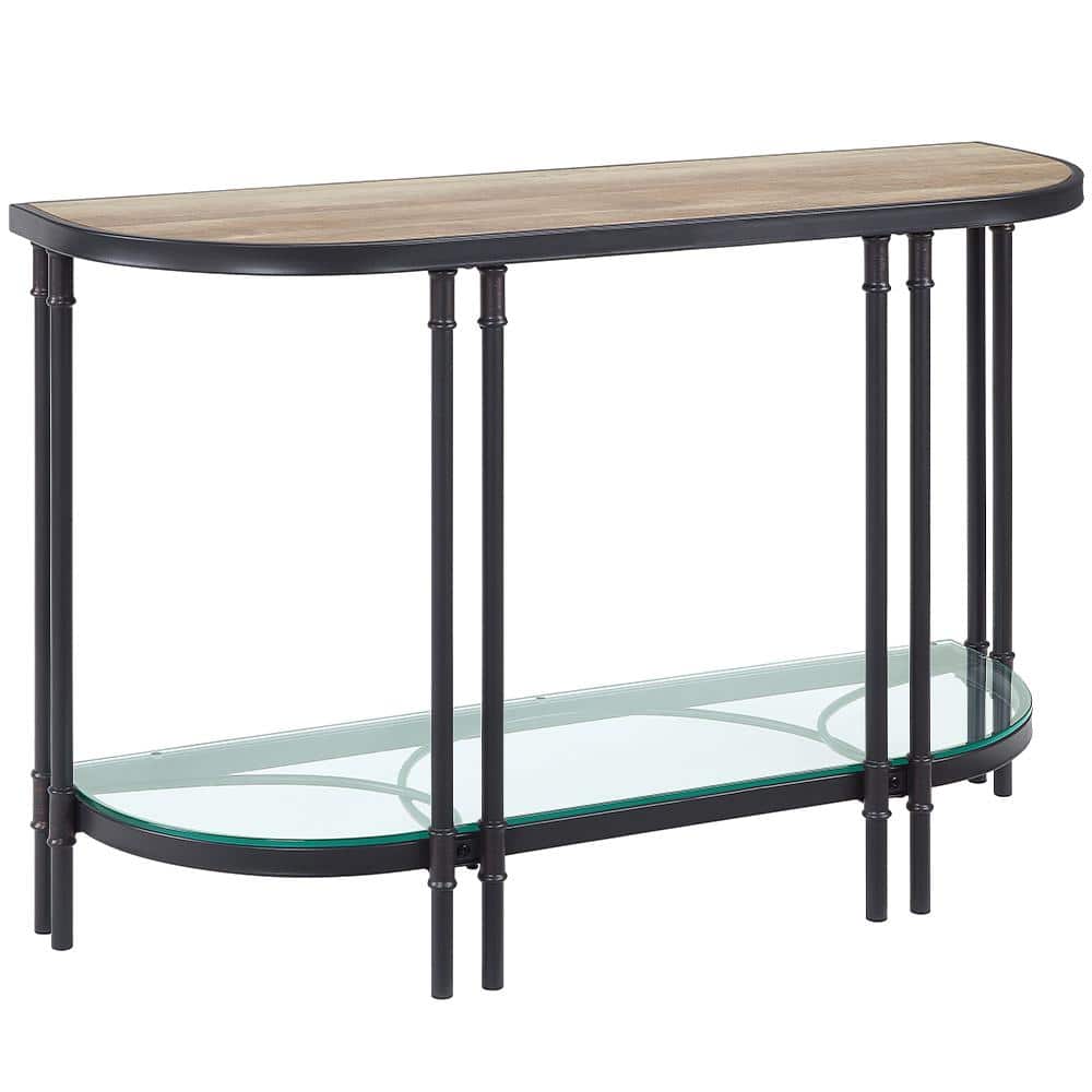 Oak Wood Grain & Sandy Black Metal Demilune Console Table with Glass Shelf