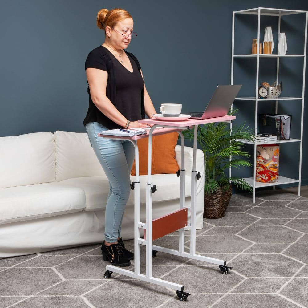 Chic Pink Adjustable Height Wood Standing Desk with Keyboard Tray