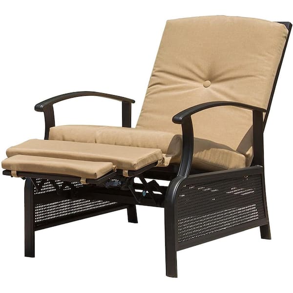 1-Piece Aluminum Recliner Chair Outdoor Adjustable Chaise Lounge with Khaki Cushions with Strong Extendable Metal Frame