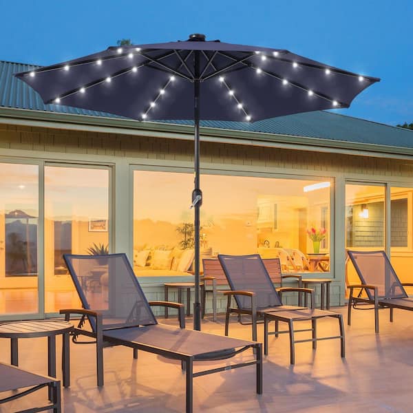 SANLUCE 9 ft. LED Round Patio Umbrella with Large Canopy Outdoor Table Umbrella for Garden, deck and pool in Navy Blue