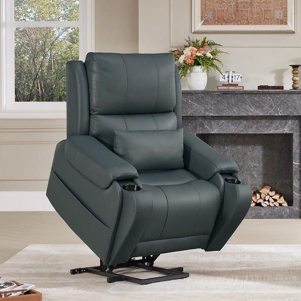 Damon Navy Modern Leather Lift Recliner with Heat and Massage, Lumbar Pillow, Storage Pockets and Cup Holder for Elderly