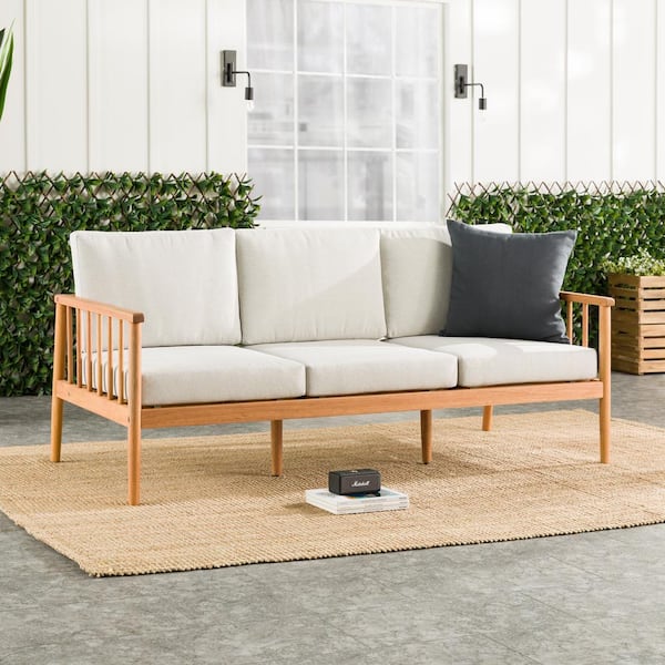 Welwick Designs Natural Eucalyptus Wood Modern Outdoor Spindle Couch with  Light Pewter Cushions HD9561 - The Home Depot