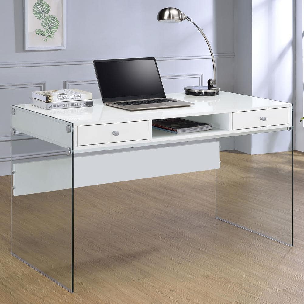 Contemporary Glossy White Home Office Desk with Tempered Glass Supports
