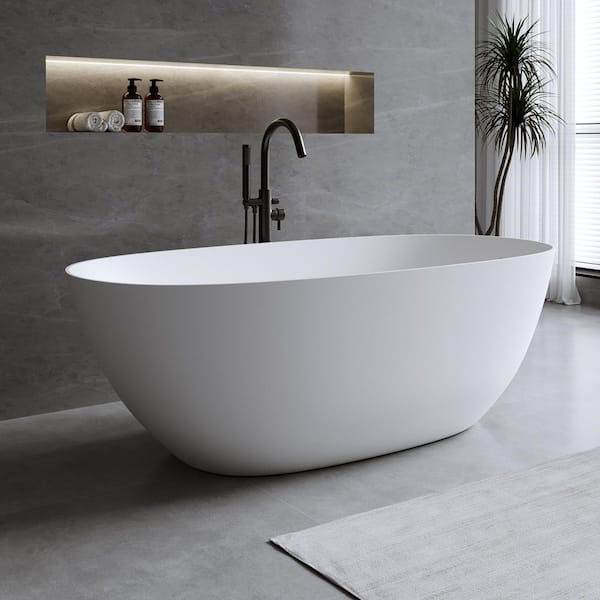 57 in. x 30.7 in. Resin Stone Soaking Bathtub in Matte White Solid Surface Modern Tub with Overflow and Pop-up Drain