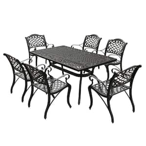 Black 7-Piece Aluminum Rectangular Mesh Outdoor Dining Set with 6-Chairs