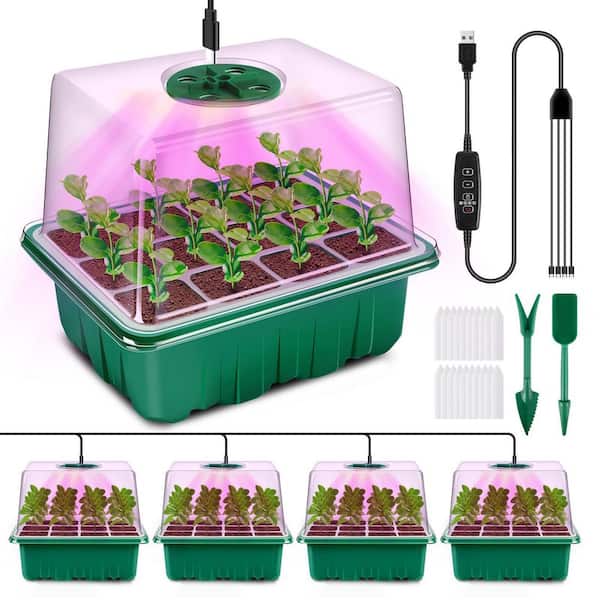4-Pack Seed Starter Kit, Grow Light, Timing Controller, Adjustable Brightness, Thicken Trays, Humidity Domes, Gift Box