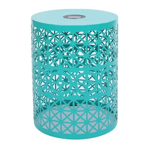 Teal Round Metal Outdoor Side Table with Solar Powered Light for Indoors and Outdoors