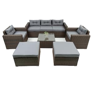 6-Piece Rattan Outdoor Conversation Sofa Set, Sectional Sofa Set with Removable Seat Cushion Tempered Glass Top Brown