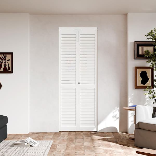 30 in. x 80 in. Full-Panel Louver Solid Core White PVC Covering MDF Wood Bi-fold Door with Locks, Handles and Hardwares
