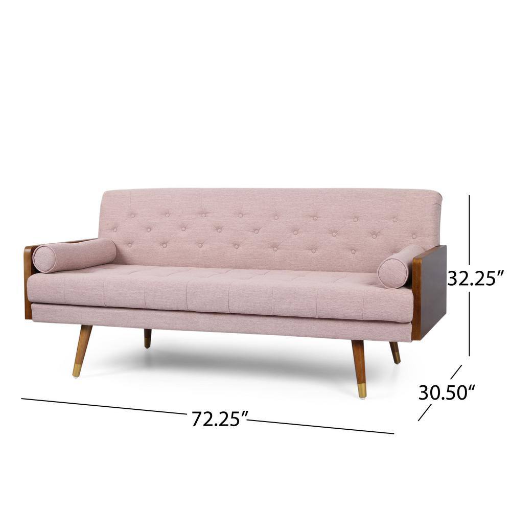 Light Blush Tufted Fabric Sofa with Walnut Wood Frame