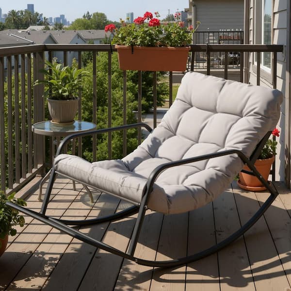 Unbranded Oversized Gray Metal Outdoor Rocking Chair Papasan Lounge Chair with Grey Padded Cushion