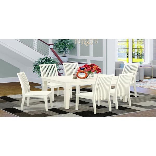 East West Furniture 7-Piece Linen White Finish Solid Wood Top Dining Table with 6 Chairs with Lattice Back
