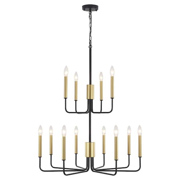 12-Light Black and Gold Height Adjustable Modern Linear Candlestick Chandelier, Hanging Light Fixture