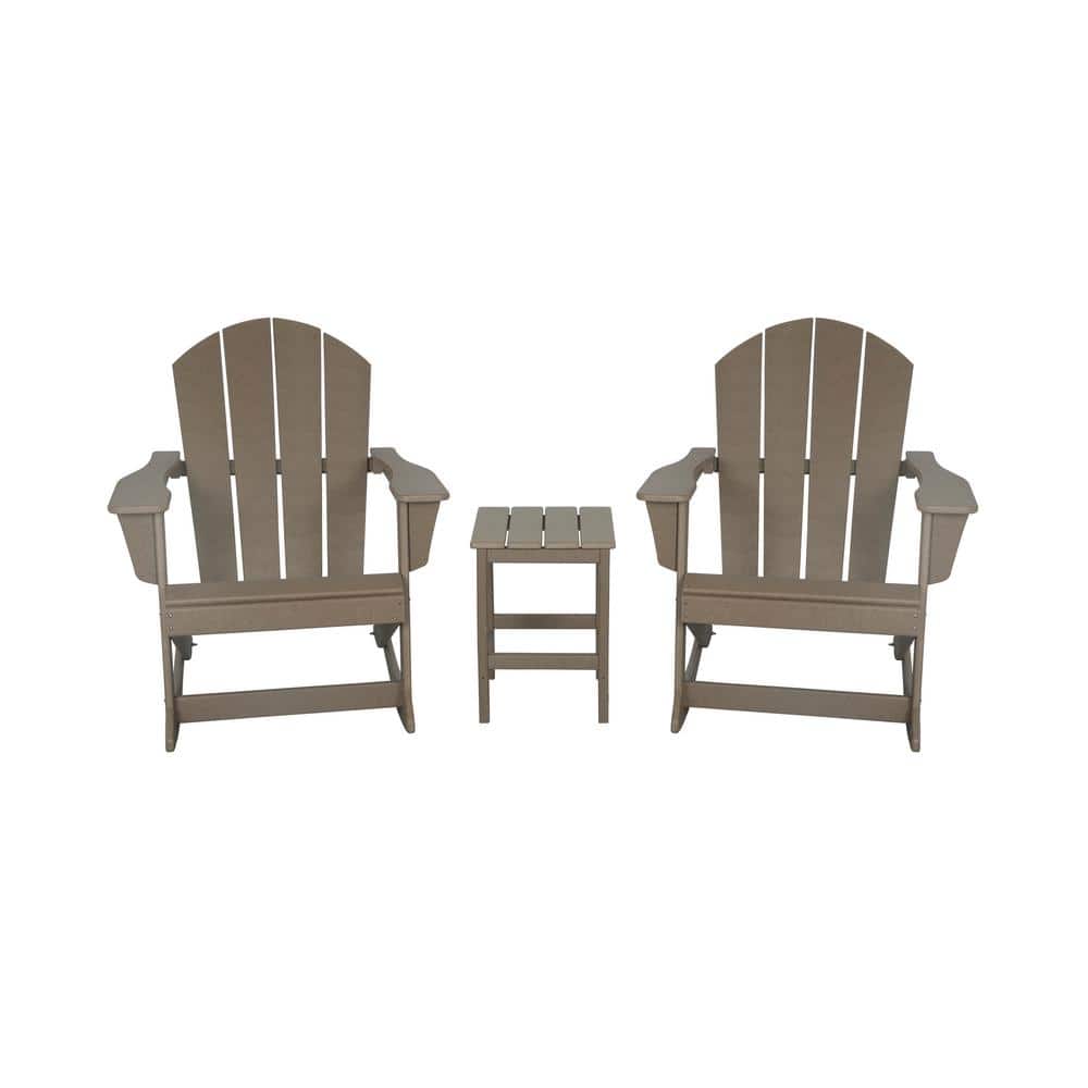 WESTIN OUTDOOR Iris Outdoor Rocking Poly Adirondack Chairs With Side Table Set in Weathered Wood