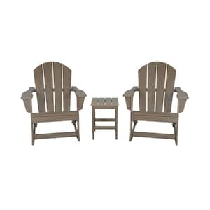 Iris Outdoor Rocking Poly Adirondack Chairs With Side Table Set in Weathered Wood (3-Piece)