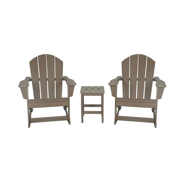 WESTIN OUTDOOR Iris Outdoor Rocking Poly Adirondack Chairs With Side Table Set in Weathered Wood (3-Piece)