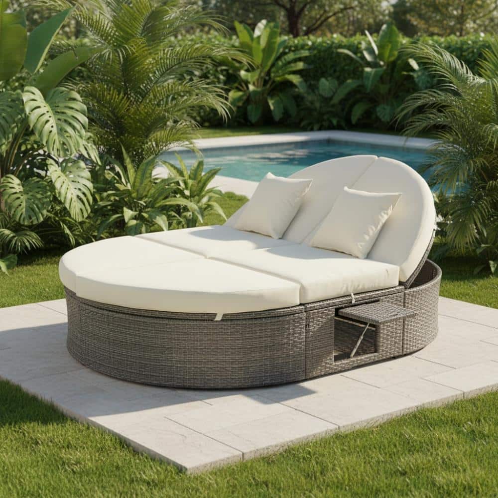 Gray  2-Person Outdoor Wicker Round Daybed with Beige Cushion and Adjustable Backrests price history on PriceWatchPro
