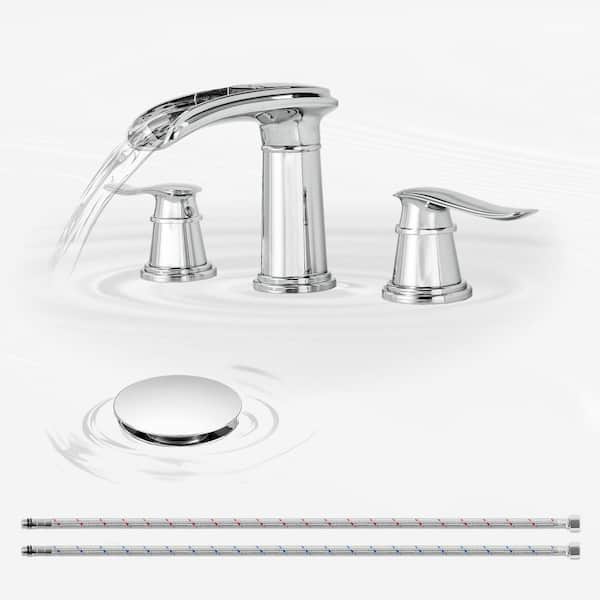HOMEMYSTIQUE 8 in. Widespread Double Handle Bathroom Faucet with Drain Kit Included in Polished Chrome