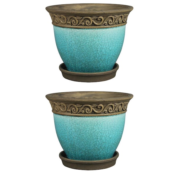 Cadiz 7.87 in. L x 7.87 in. W x 6.5 in. H Blue Crackled Ceramic Planter Pot with Saucer (2-Pack)