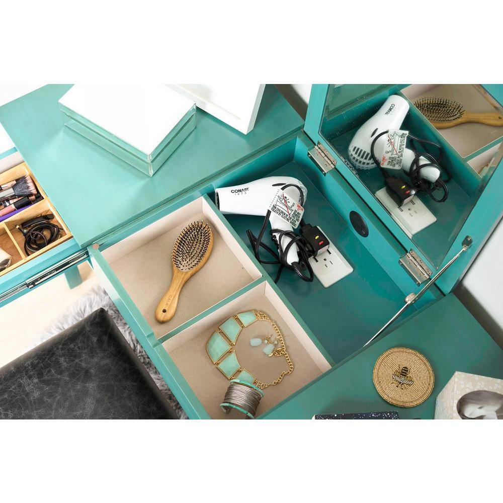 Ainsley Turquoise Solid Wood Vanity Desk with Mirror and USB