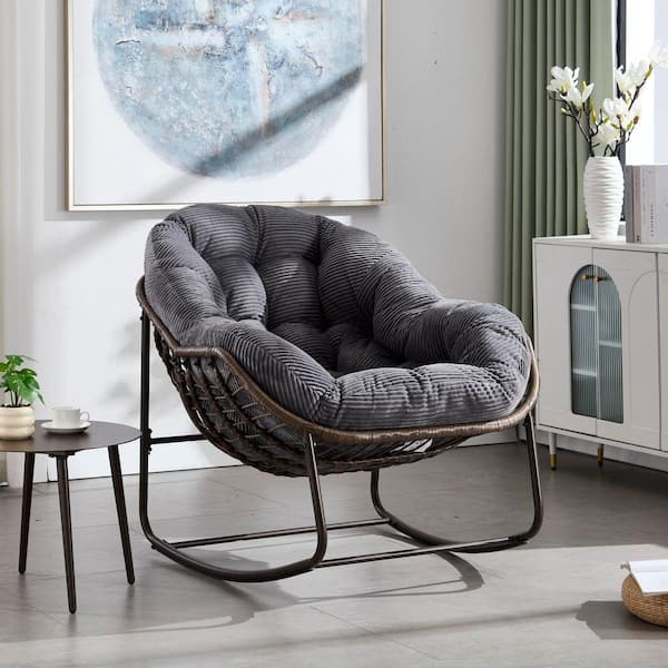 Wicker Outdoor Rocking Chair with Gray Cushion, Rattan Papasan