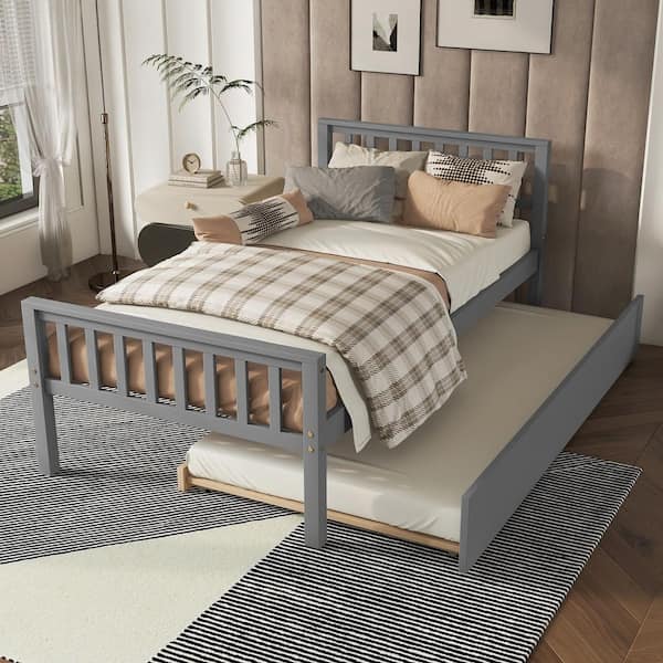 Gray Wood Frame Twin Size Platform Bed with Trundle, Headboard and Footboard