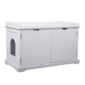 37.41 in. White Cat Washroom Bench, Wood Litter Box Cover with Spacious Inner, Ventilated Holes, Removable Partition