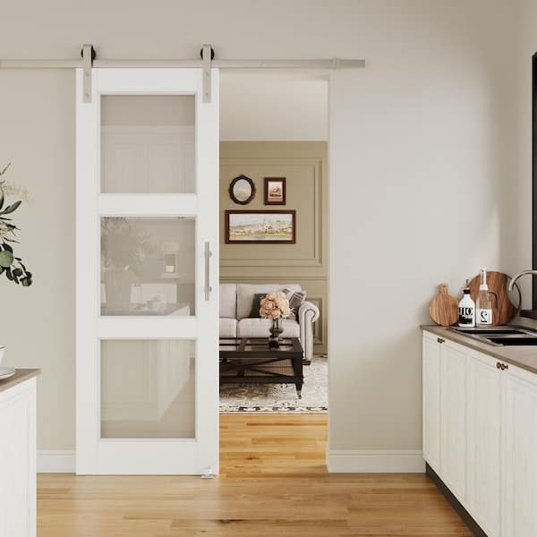 ARK DESIGN 28 in. x 80 in. 3-Lite Tempered Clear Glass White Primed Solid Core MDF Sliding Barn Door with Hardware Kit Nickel