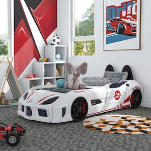 Copperstone White Twin Kid's Race Car Bed with LED Lights