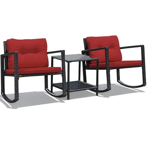 3-Piece Wicker Patio Conversation Set Bistro Furniture Set 2 Rocking Chairs, Glass Side Table with Red Cushions