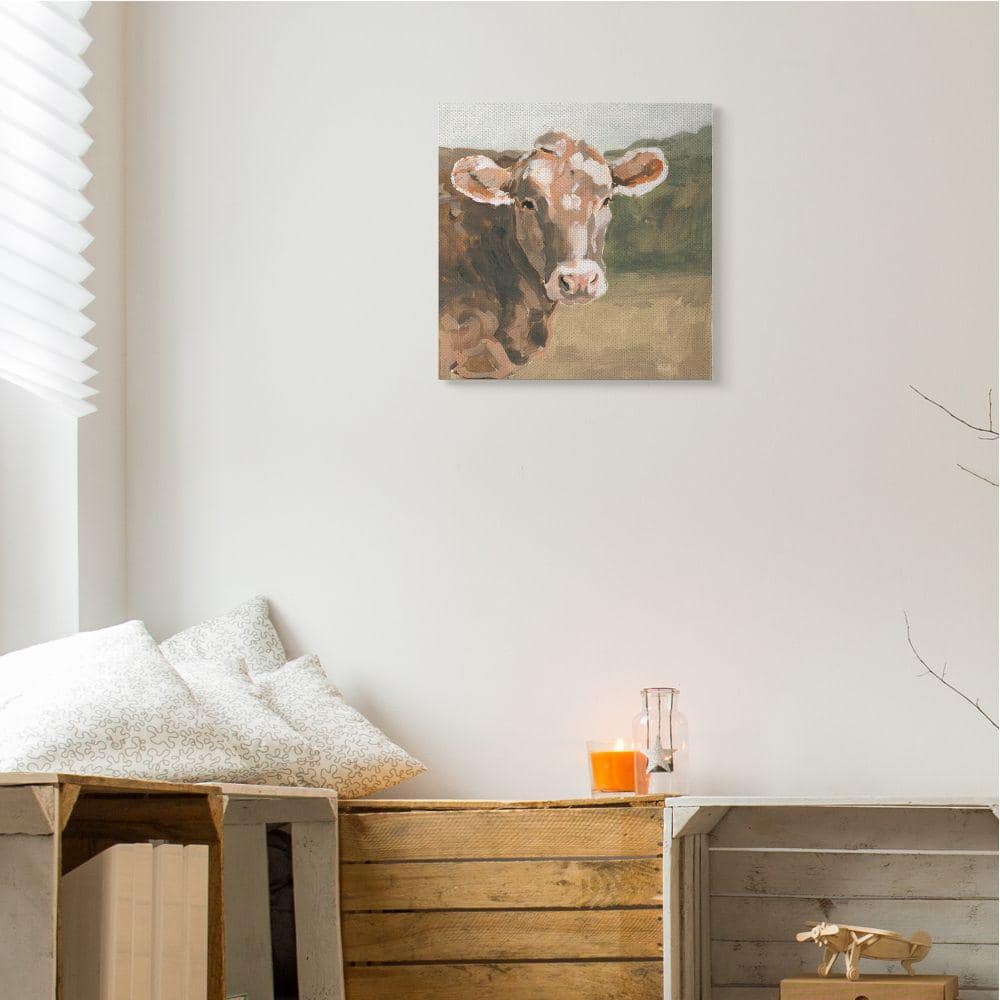 Soft Country Meadow Brown Cow Canvas Wall Art, 17x17