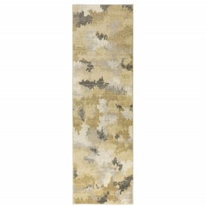 2' X 8' Beige Grey And Gold Abstract Power Loom Stain Resistant Runner Rug