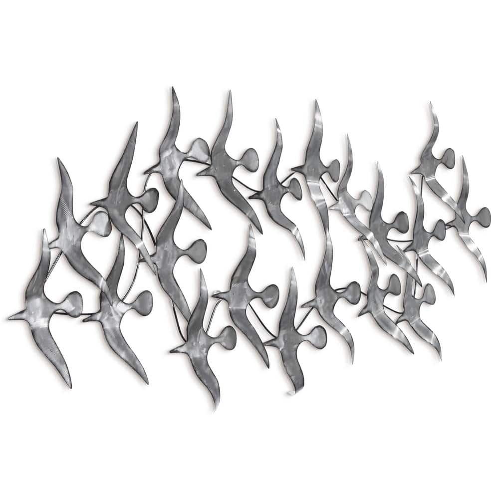Hand Painted Silver Metal Bird Wall Sculpture, 52" x 22.8"
