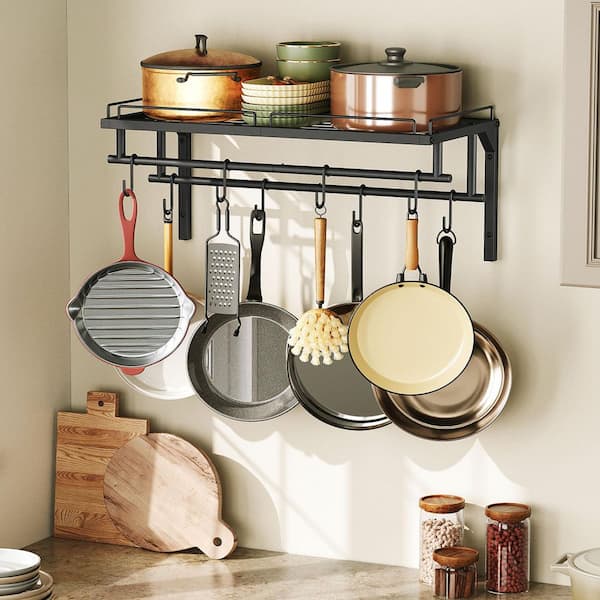 Black Wall-Mounted Metal Hanging Pot Rack Organizer with Mesh Shelf and Hooks for Kitchen Cookware and Utensils