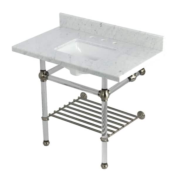 Kingston Brass Templeton 36 in. Marble Console Sink with Acrylic Legs in Carrara Marble Brushed Nickel