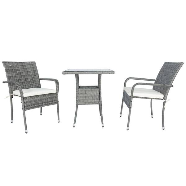 Anvil 3-Piece Wicker Patio Conversation Set Outdoor Sectional Set Dining Set with White Cushion, Tempered Glass Table Top