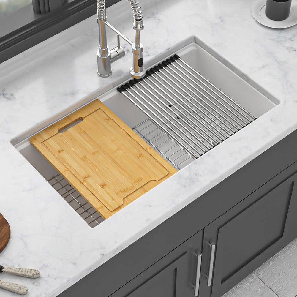 33 in. Undermount Single Bowl White Quartz Kitchen Sink with Workstation