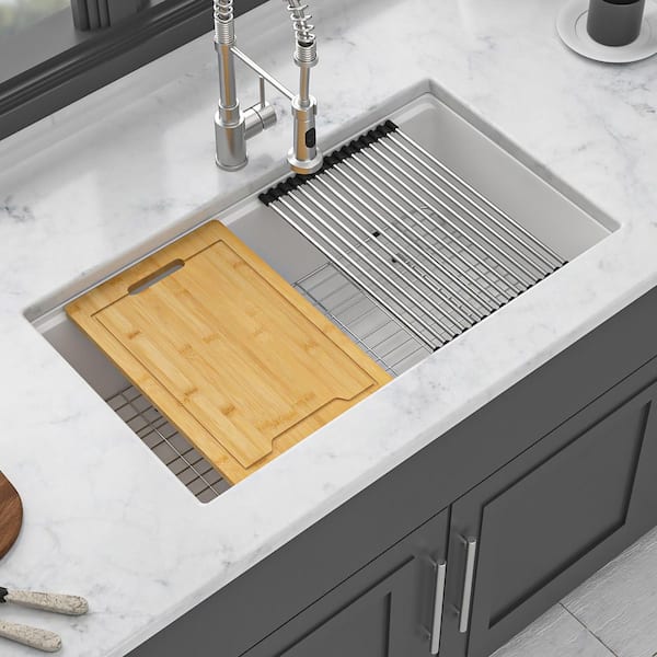 33 in. Undermount Single Bowl White Quartz Kitchen Sink with Workstation